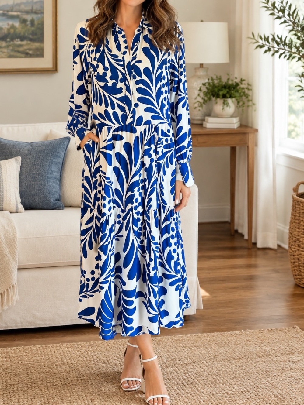 H&M Blue Ivory White Tropical Print Long Sleeve Dress NWT